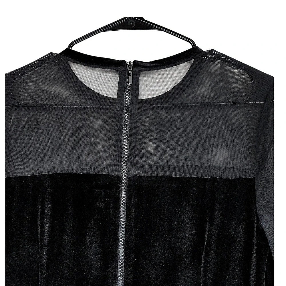 Tahari Velour Dress 12 Black Velvet Blue Feathers Mesh Long Sleeve Cocktail Mini - Picture 13 of 15